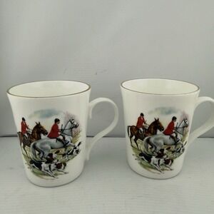Vtg Crown Trent China Staffordshire England Fox Hunt Coffee Mug Gold Trim Horses